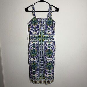 Womens Sheath Mini Dress White Multi Floral Italian Tile Back Zip Wide Strap